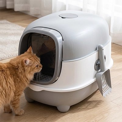 bac à litière chat xxl gris avec chat entrant salon