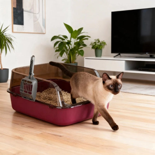 bac pour litière chat rose chat sortant salon