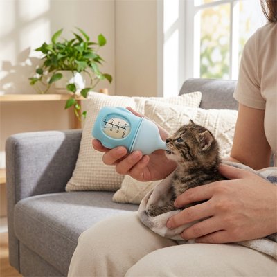 biberon chaton bleu chat buvant maitresse canape