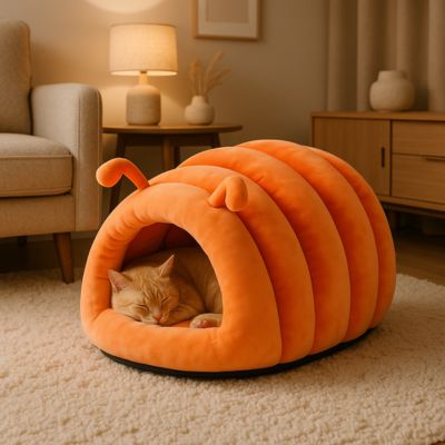 cabane pour chat design chenille orange salon