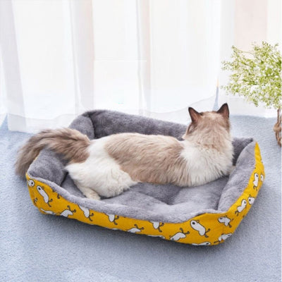 chat allonge sur panier chat avec motif poussin