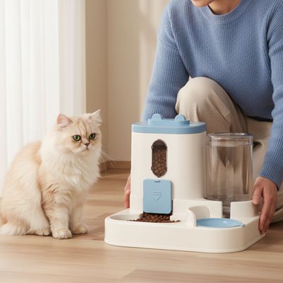 chat avec distributeur de croquettes pour chat bleu