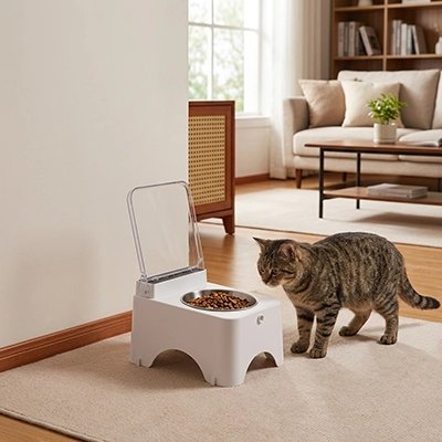 chat avec gamelle automatique chat blanche dans salon