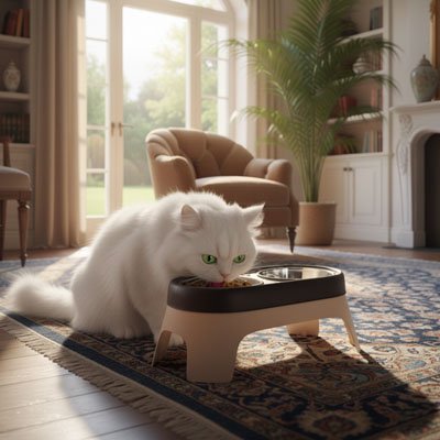 chat blanc mangeant dans gamelle chat surelevee anti choc couleur beige noir dans salon