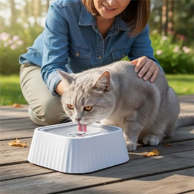 chat buvant dans gamelle chat minimaliste couleur blanche dans jardin avec maitresse