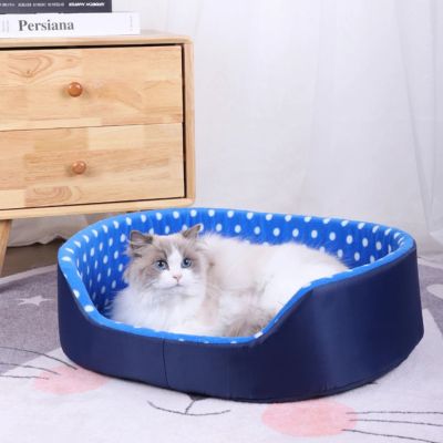 chat dans panier chat en tissu bleu