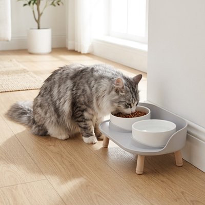 chat mangeant dans gamelle chat double bols surélevés couleur gris blanc