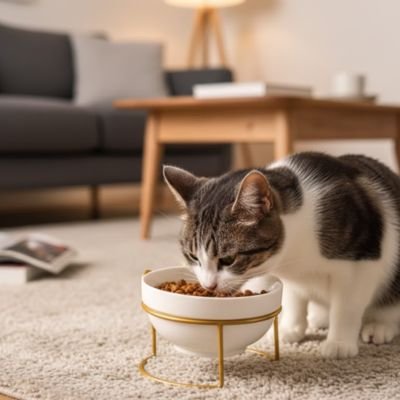chat mangeant dans gamelle surelevee chat avec support metal dore