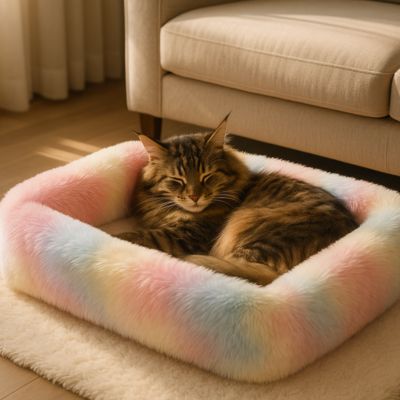 chat qui dort dans son panier chat arc en ciel en peluche