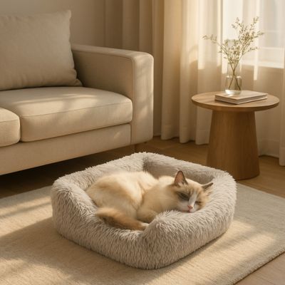 chat qui dort dans son panier chat gris clair en peluche