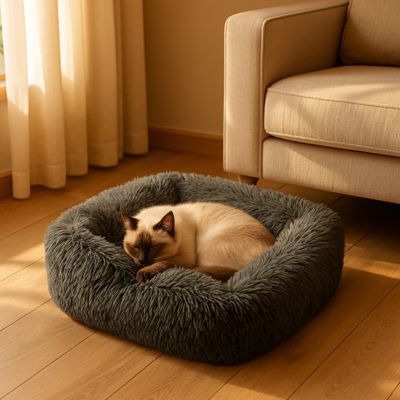 chat qui dort dans son panier chat gris fonce en peluche