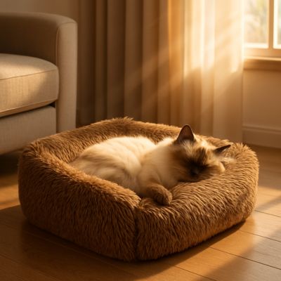 chat qui dort dans son panier chat marron en peluche