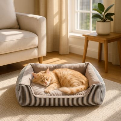 chat qui dort dans son panier chat raye gris