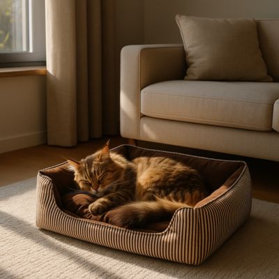 chat qui dort dans son panier chat raye marron
