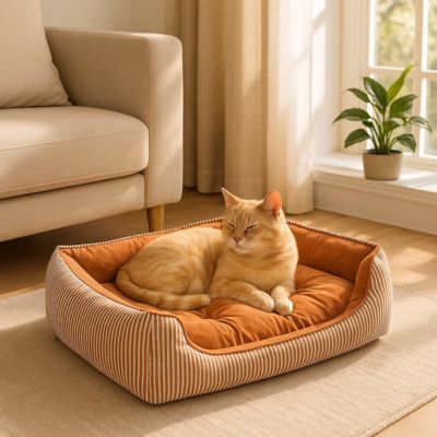 chat qui dort dans son panier chat raye orange