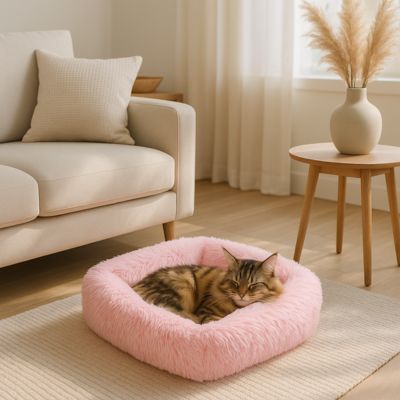 chat qui dort dans son panier chat rose en peluche