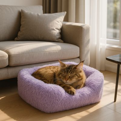chat qui dort dans son panier chat violet en peluche