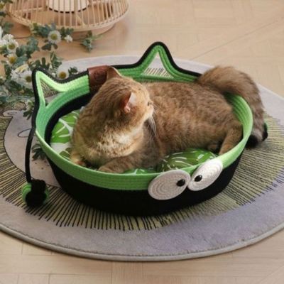 chat qui regarde ailleurs dans panier chat tisse main
