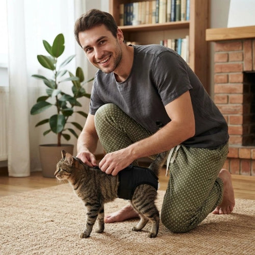 couche pour chat noir maitre chat debout