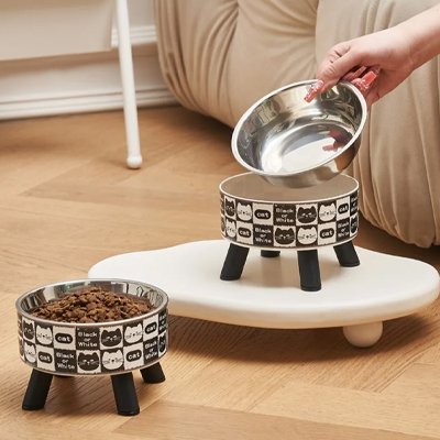 deux gamelle chat surelevee motif felin noir et blanc