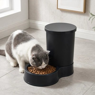 distributeur de croquettes pour chat noir chat mangeant