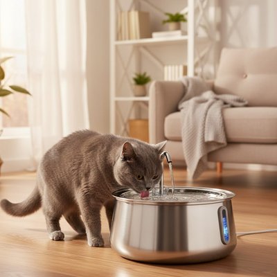 fontaine a eau chat dans salon avec chat qui boit