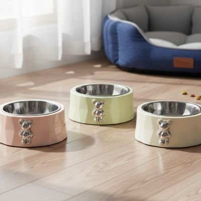 gamelle pour chat decoration ourson couleur rose vert pastel et blanc