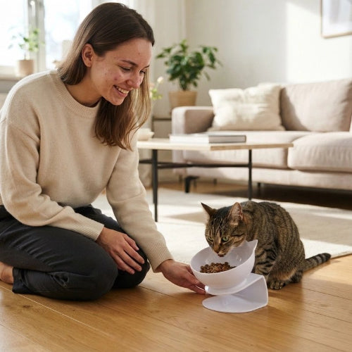 gamelle pour chat design incline blanche maitresse chat mangeant