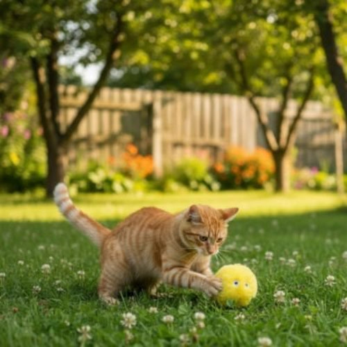 jouet chat interactif balle sonore jaune chat jouant jardin