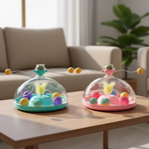 jouet pour chat dome transparent turquoise rose table