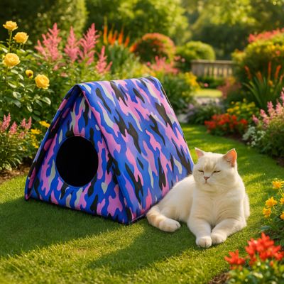 niche exterieur pour chat triangulaire camouflage rose