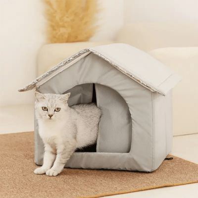 niche pour chat exterieur surelevee gris avec chat