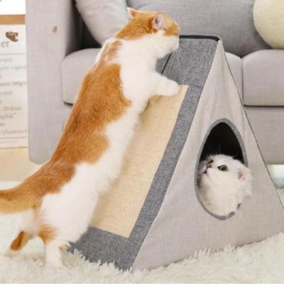 niche pour chat triangulaire avec grattoir gris