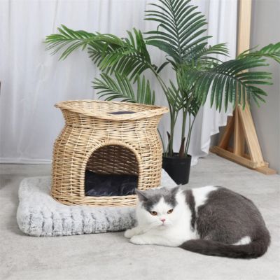 panier en osier pour chat deux niveaux couleur bois