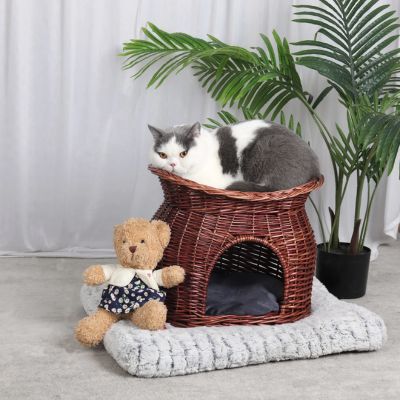 panier en osier pour chat deux niveaux marron