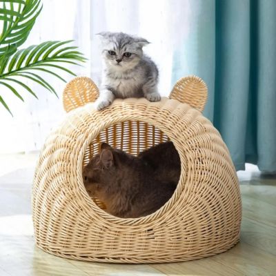 panier en osier pour chat semi recouvert couleur beige