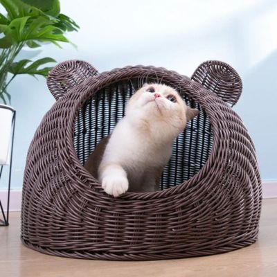 panier en osier pour chat semi recouvert couleur gris fonce