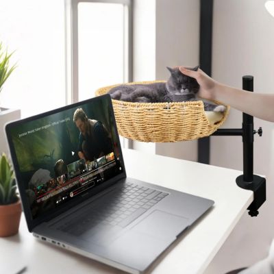 panier en osier pour chat suspendu sur bureau