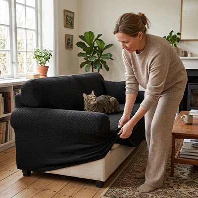 protection canapé chat tissu jacquard noir maitresse chat salon