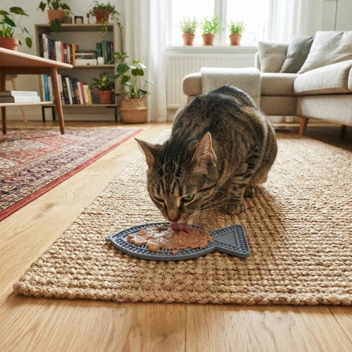 tapis de lechage poisson gris chat lechant salon