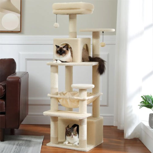 arbre à chat beige multi niveaux chats allonges salon