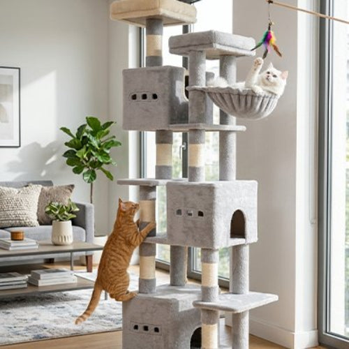 arbre à chat geant gris clair chats jouant salon