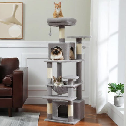 arbre à chat gris multi niveaux chats allonges salon