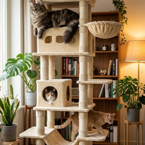 arbre à chat multi plateforme beige chats allonges salon