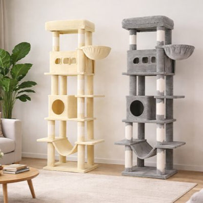 arbre à chat multi plateforme beige gris clair salon