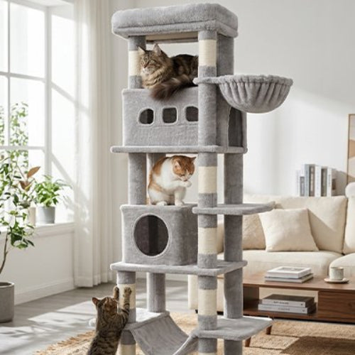 arbre à chat multi plateforme gris clair chats salon