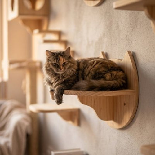arbre a chat mural bois naturel chat allonge
