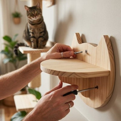 arbre a chat mural bois naturel chat assis