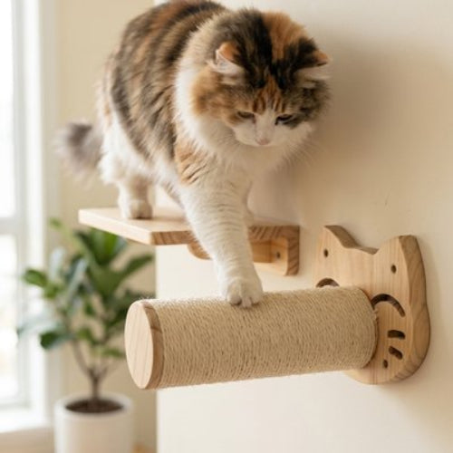 arbre a chat mural bois naturel chat debout