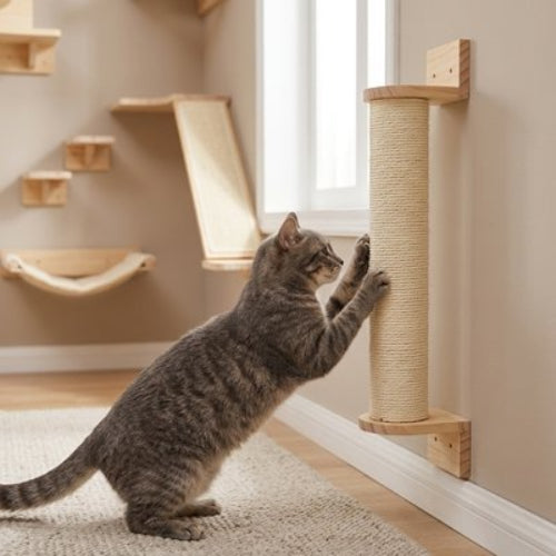 arbre a chat mural bois naturel chat griffant